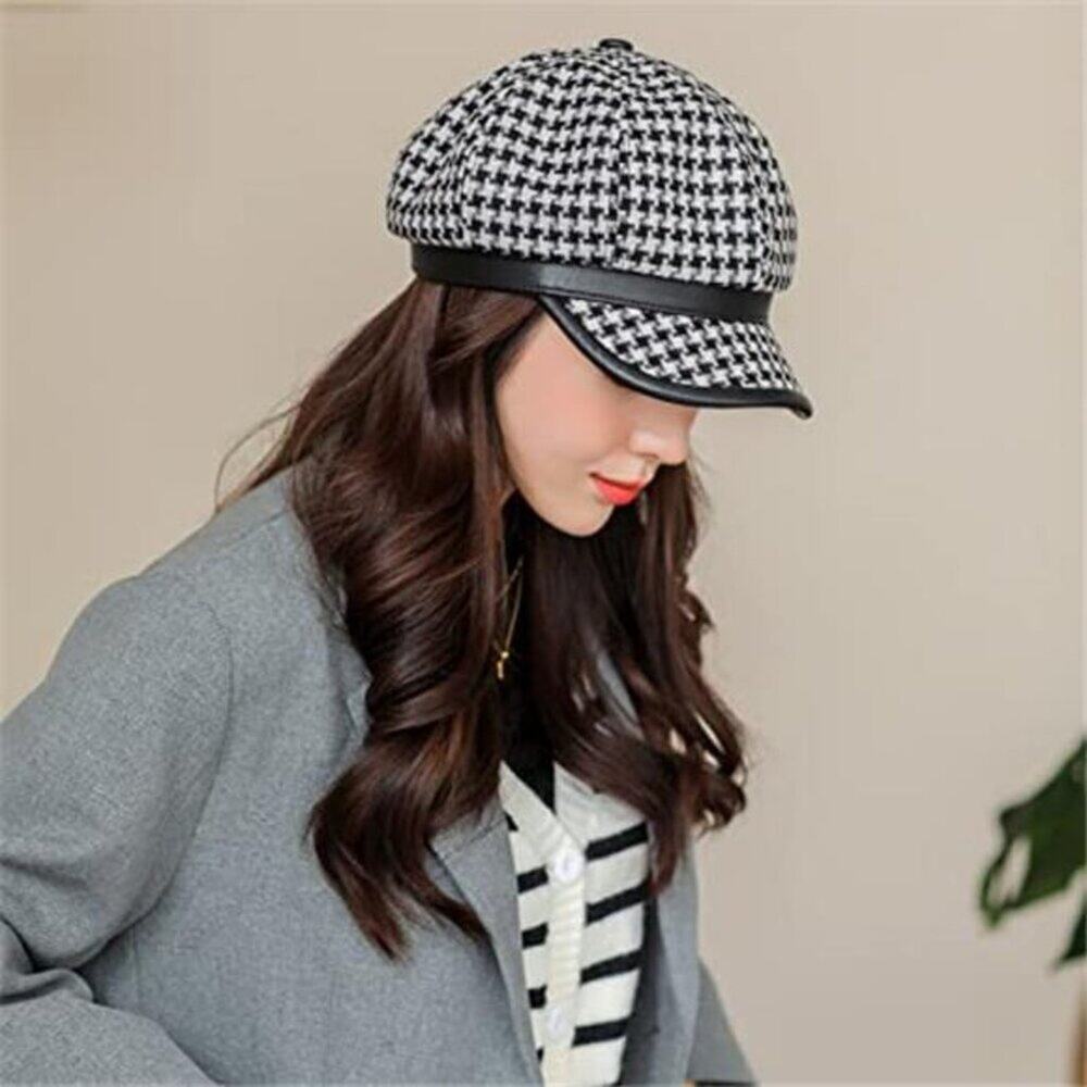 Black and White Houndstooth Baker Boy Hat Cap with Faux Leather Brim